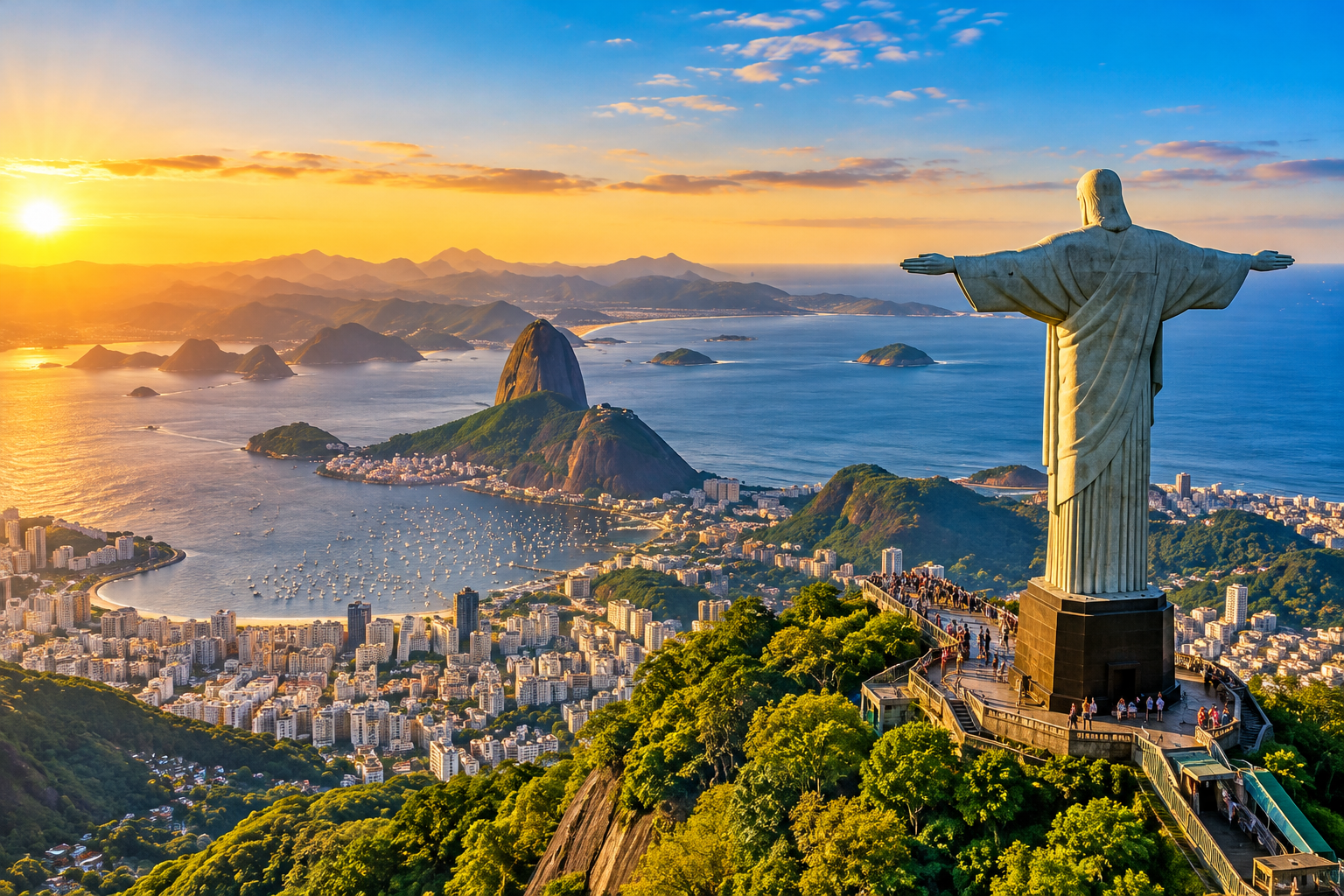 Vista panorâmica do **Cristo Redentor no Rio de Janeiro**, localizado no alto do Morro do Corcovado, com seus braços abertos e paisagem da Cidade Maravilhosa, incluindo o Pão de Açúcar, a Baía de Guanabara e as montanhas ao fundo.