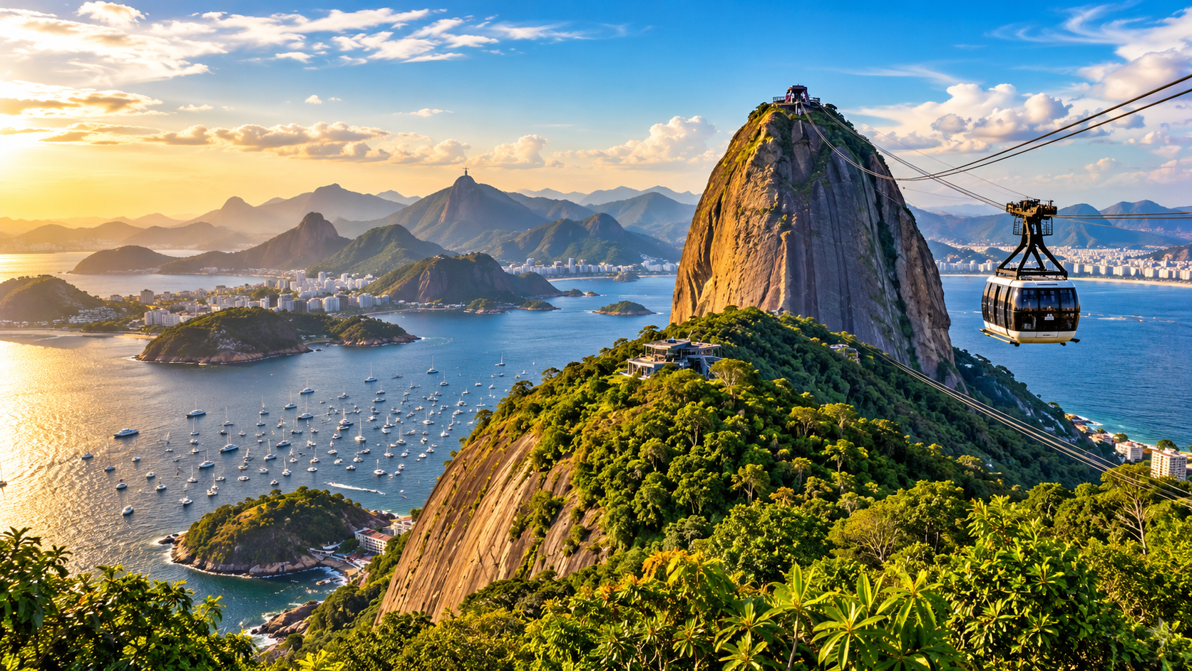 Vista panorâmica do **Pão de Açúcar no Rio de Janeiro**, com o tradicional **Bondinho**, o **Morro da Urca**, a **Baía de Guanabara** e as belas paisagens da **Cidade Maravilhosa**, cercadas por montanhas e pelo mar.