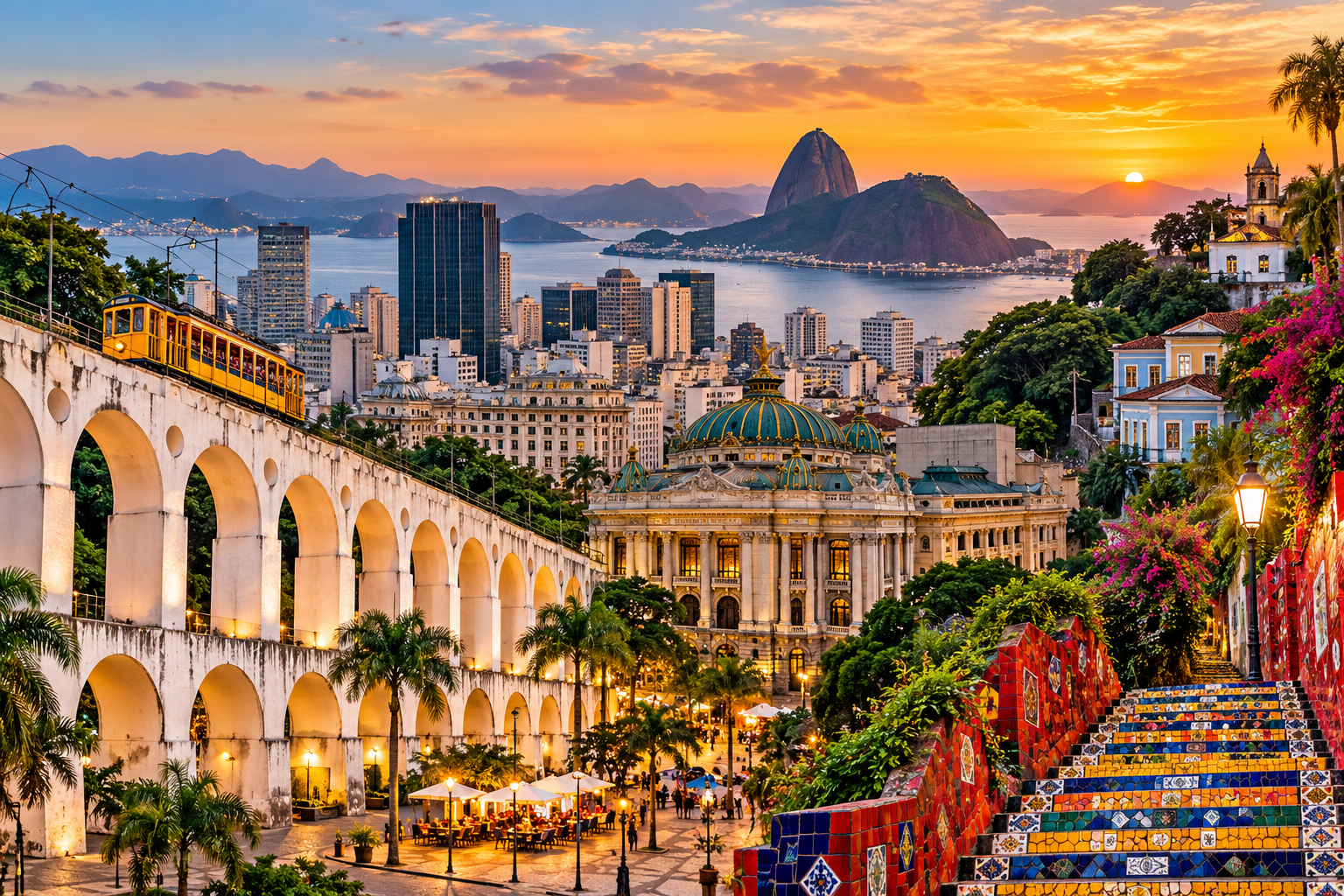 Vista do Centro do Rio de Janeiro com os Arcos da Lapa, hotéis, construções históricas e atrações turísticas próximas à Lapa e Santa Teresa.