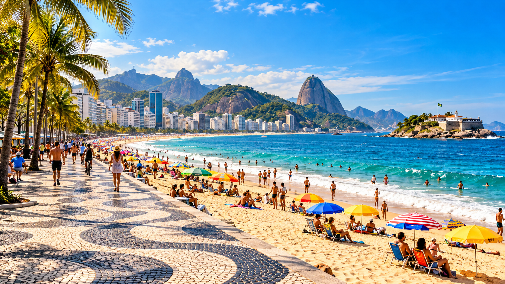 Vista panorâmica da Praia de Copacabana, no Rio de Janeiro, com seu famoso calçadão, mar azul, Forte de Copacabana e atrações turísticas imperdíveis em 2026.
