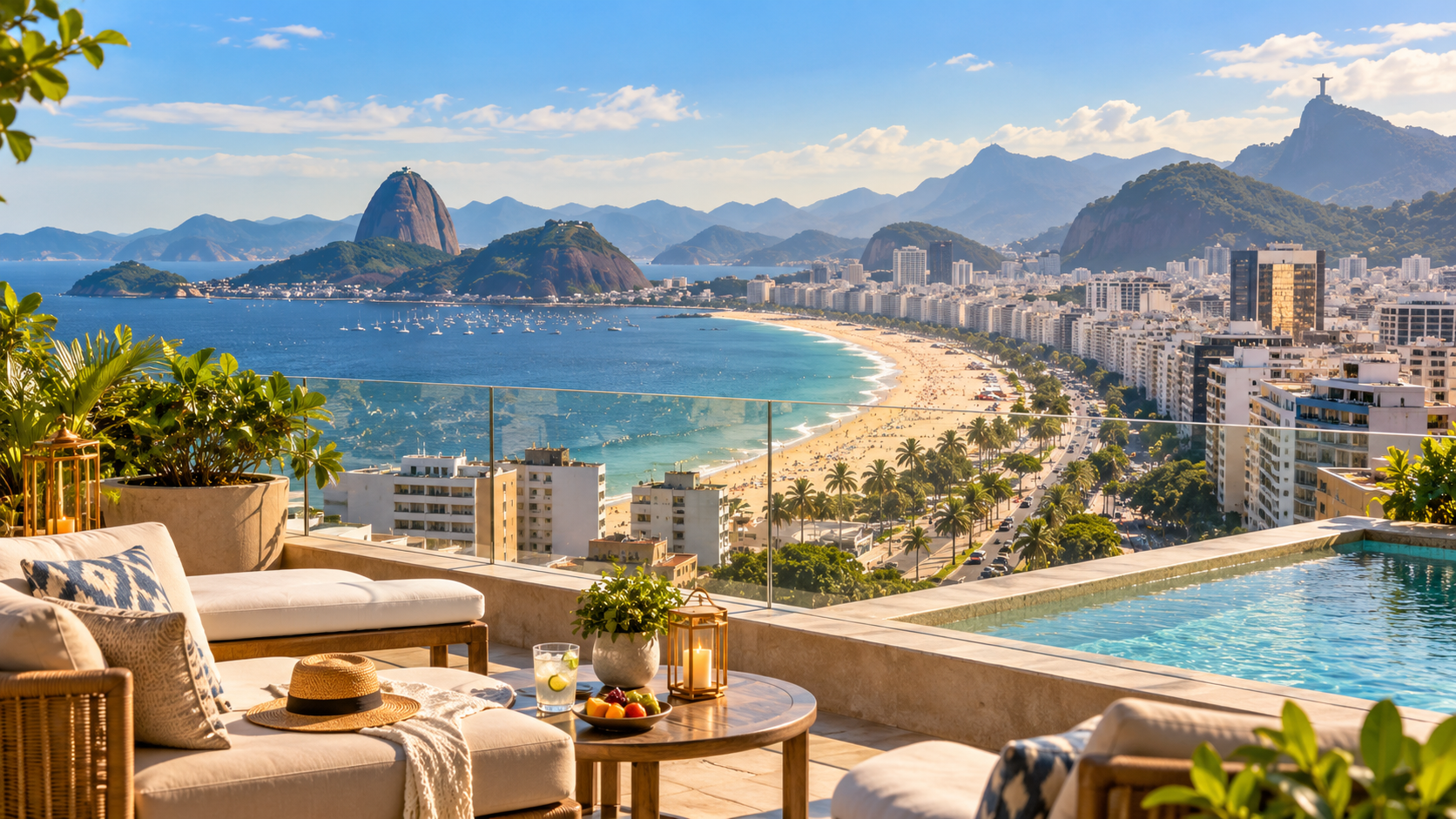 Vista panorâmica do Rio de Janeiro com as praias de Copacabana, Ipanema e Leblon, hotéis, montanhas e bairros turísticos, destacando as melhores regiões para hospedagem em 2026.